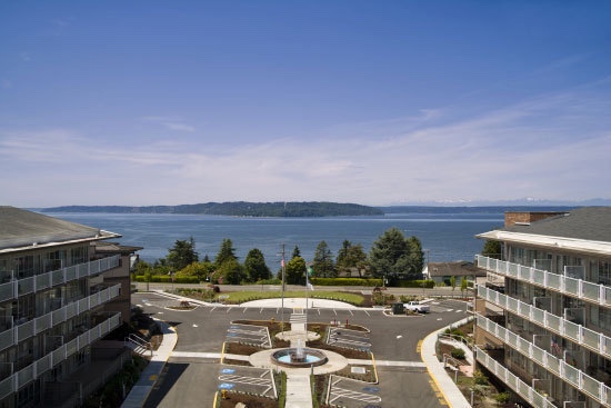 Bird’s-eye view of waterfront senior living community Judson Park